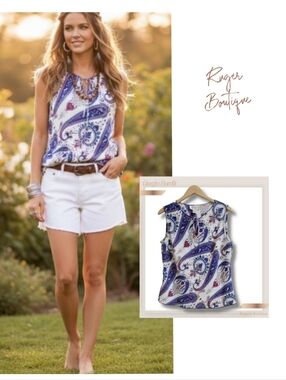 🌿Giorgio Fiorelli Women's Large Paisley Sleeveless Top - Blue and White